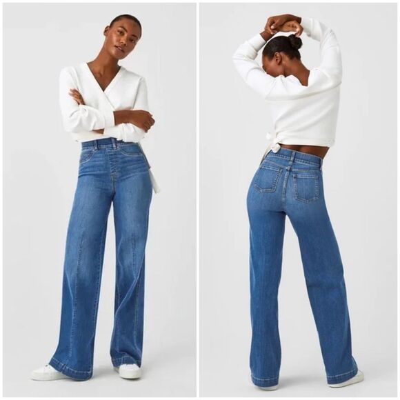 NWT SPANX 20407 Seamed Front Wide Leg in Vintage Indigo Pull-on Jeans Size XS - Picture 1 of 15